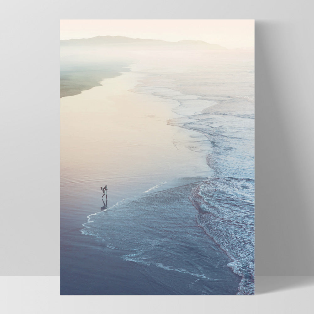 Surfer Walking to Ocean Waves - Art Print, Poster, Stretched Canvas, or Framed Wall Art Print, shown as a stretched canvas or poster without a frame