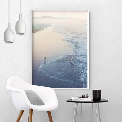 Surfer Walking to Ocean Waves - Art Print, Poster, Stretched Canvas or Framed Wall Art Prints, shown framed in a room