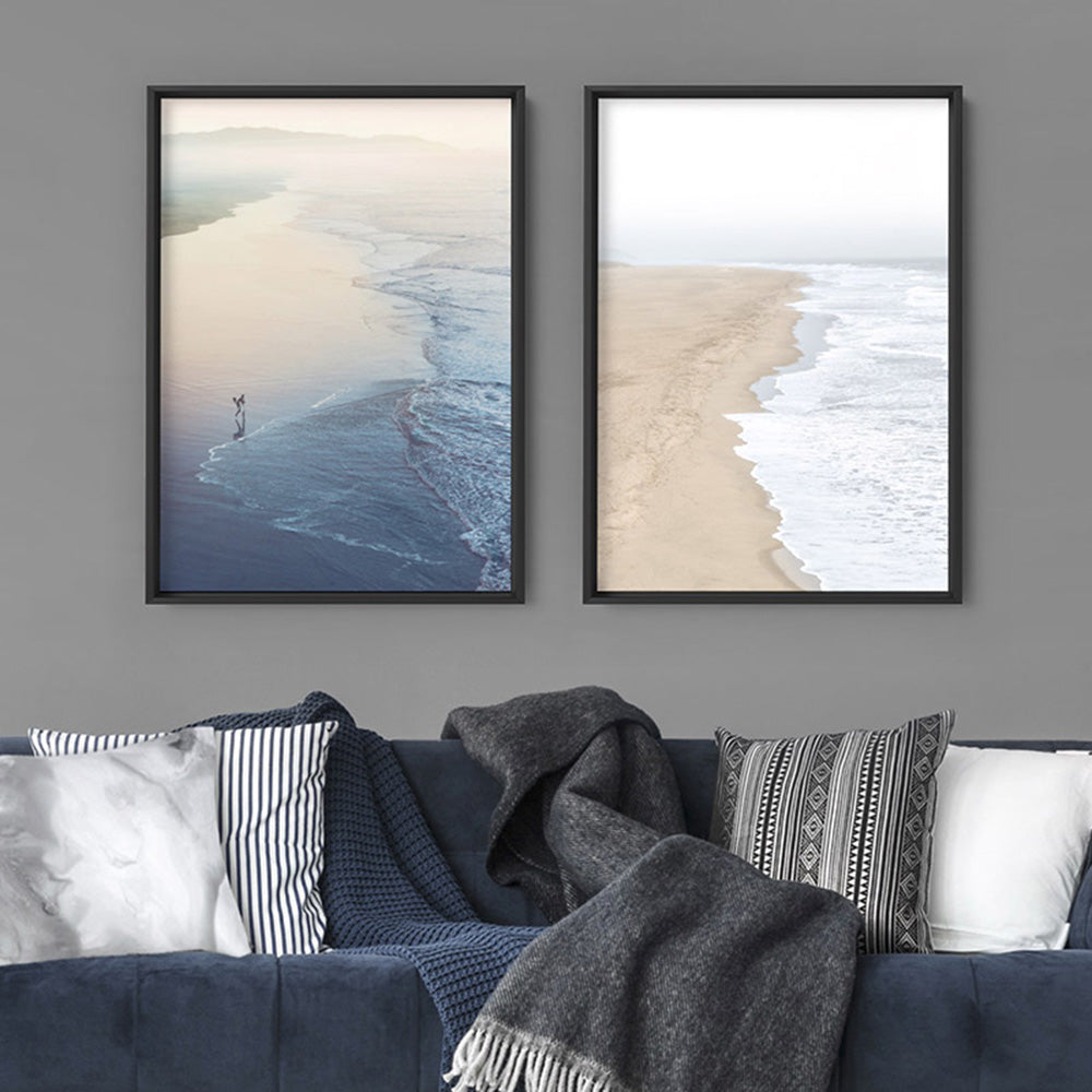 Surfer Walking to Ocean Waves - Art Print, Poster, Stretched Canvas or Framed Wall Art, shown framed in a home interior space