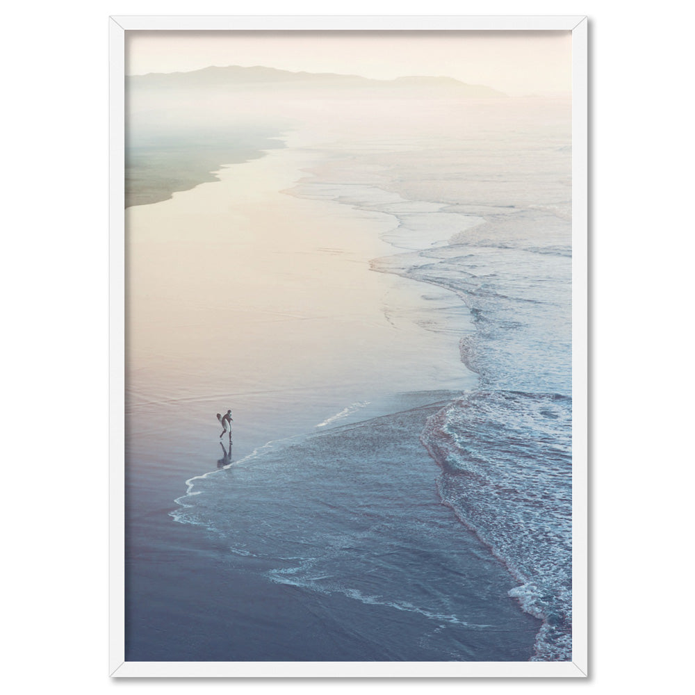 Surfer Walking to Ocean Waves - Art Print, Poster, Stretched Canvas, or Framed Wall Art Print, shown in a white frame
