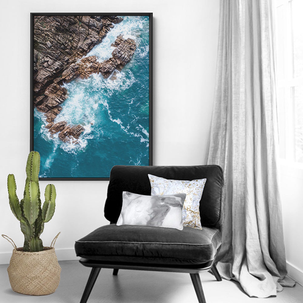 Rocky Coast from Above III  - Art Print, Poster, Stretched Canvas or Framed Wall Art Prints, shown framed in a room