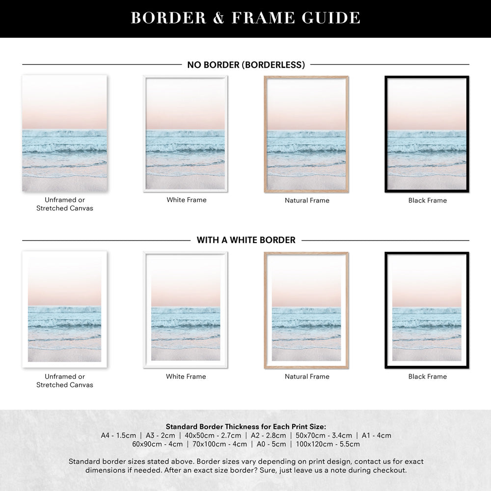 Beach View at Dusk, in Pastels  - Art Print, Poster, Stretched Canvas or Framed Wall Art, Showing White , Black, Natural Frame Colours, No Frame (Unframed) or Stretched Canvas, and With or Without White Borders