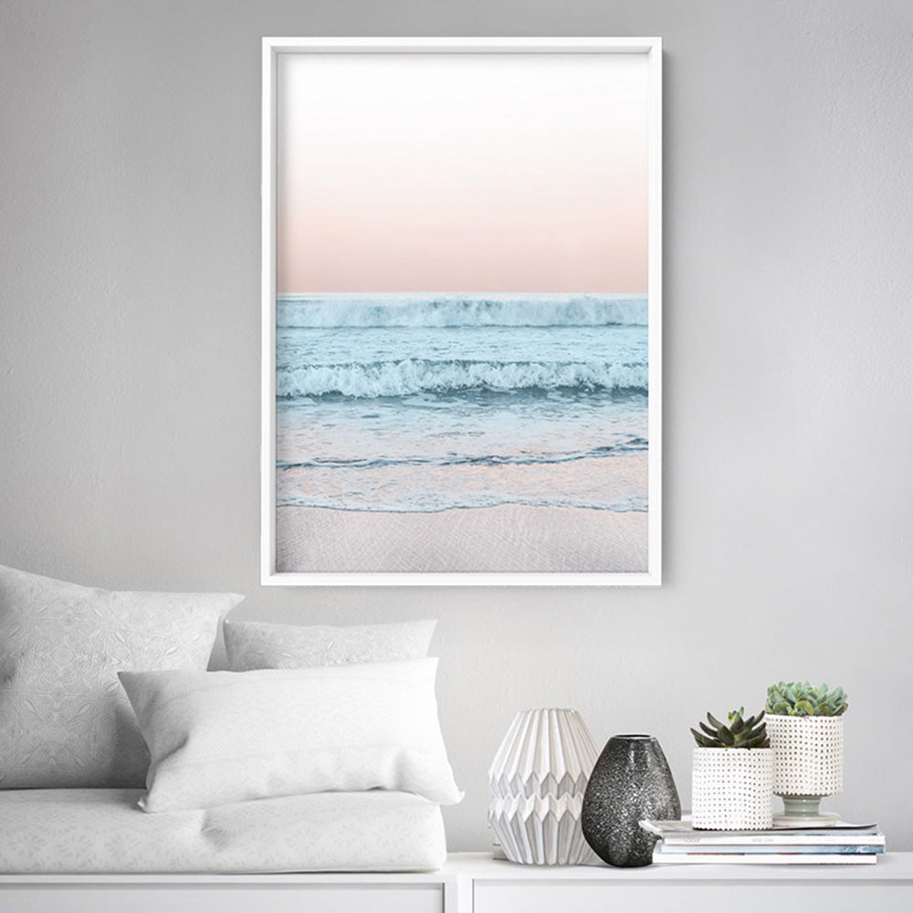Beach View at Dusk, in Pastels  - Art Print, Poster, Stretched Canvas or Framed Wall Art Prints, shown framed in a room