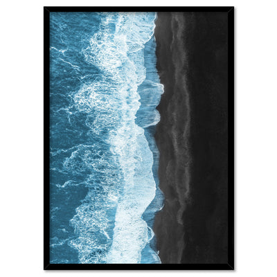 Waves Crashing into Black Sand Beach - Art Print, Poster, Stretched Canvas, or Framed Wall Art Print, shown in a black frame