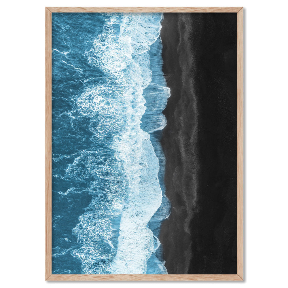 Waves Crashing into Black Sand Beach - Art Print, Poster, Stretched Canvas, or Framed Wall Art Print, shown in a natural timber frame