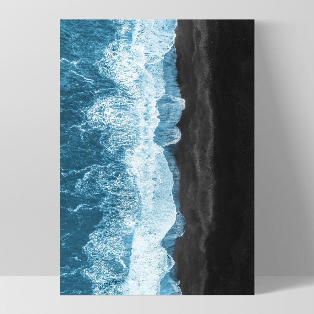 Waves Crashing into Black Sand Beach - Art Print, Poster, Stretched Canvas, or Framed Wall Art Print, shown as a stretched canvas or poster without a frame