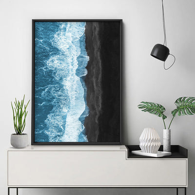 Waves Crashing into Black Sand Beach - Art Print, Poster, Stretched Canvas or Framed Wall Art Prints, shown framed in a room