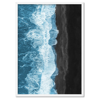 Waves Crashing into Black Sand Beach - Art Print, Poster, Stretched Canvas, or Framed Wall Art Print, shown in a white frame