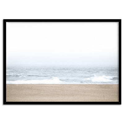 Sandy Beach & Ocean Waves in Pastels, Landscape- Art Print, Poster, Stretched Canvas, or Framed Wall Art Print, shown in a black frame