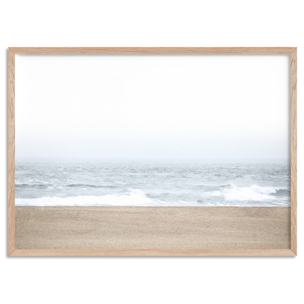 Sandy Beach & Ocean Waves in Pastels, Landscape- Art Print, Poster, Stretched Canvas, or Framed Wall Art Print, shown in a natural timber frame