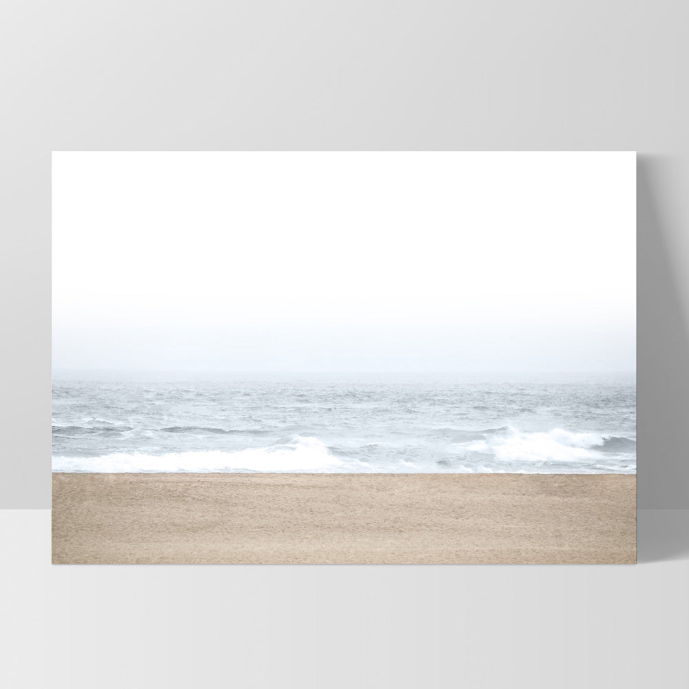 Sandy Beach & Ocean Waves in Pastels, Landscape- Art Print, Poster, Stretched Canvas, or Framed Wall Art Print, shown as a stretched canvas or poster without a frame