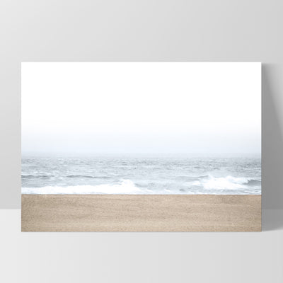 Sandy Beach & Ocean Waves in Pastels, Landscape- Art Print, Poster, Stretched Canvas, or Framed Wall Art Print, shown as a stretched canvas or poster without a frame