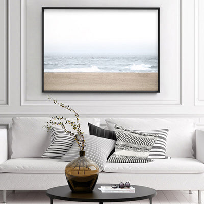 Sandy Beach & Ocean Waves in Pastels, Landscape- Art Print, Poster, Stretched Canvas or Framed Wall Art Prints, shown framed in a room