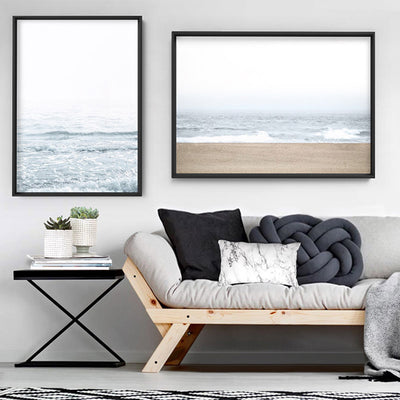 Sandy Beach & Ocean Waves in Pastels, Landscape- Art Print, Poster, Stretched Canvas or Framed Wall Art, shown framed in a home interior space