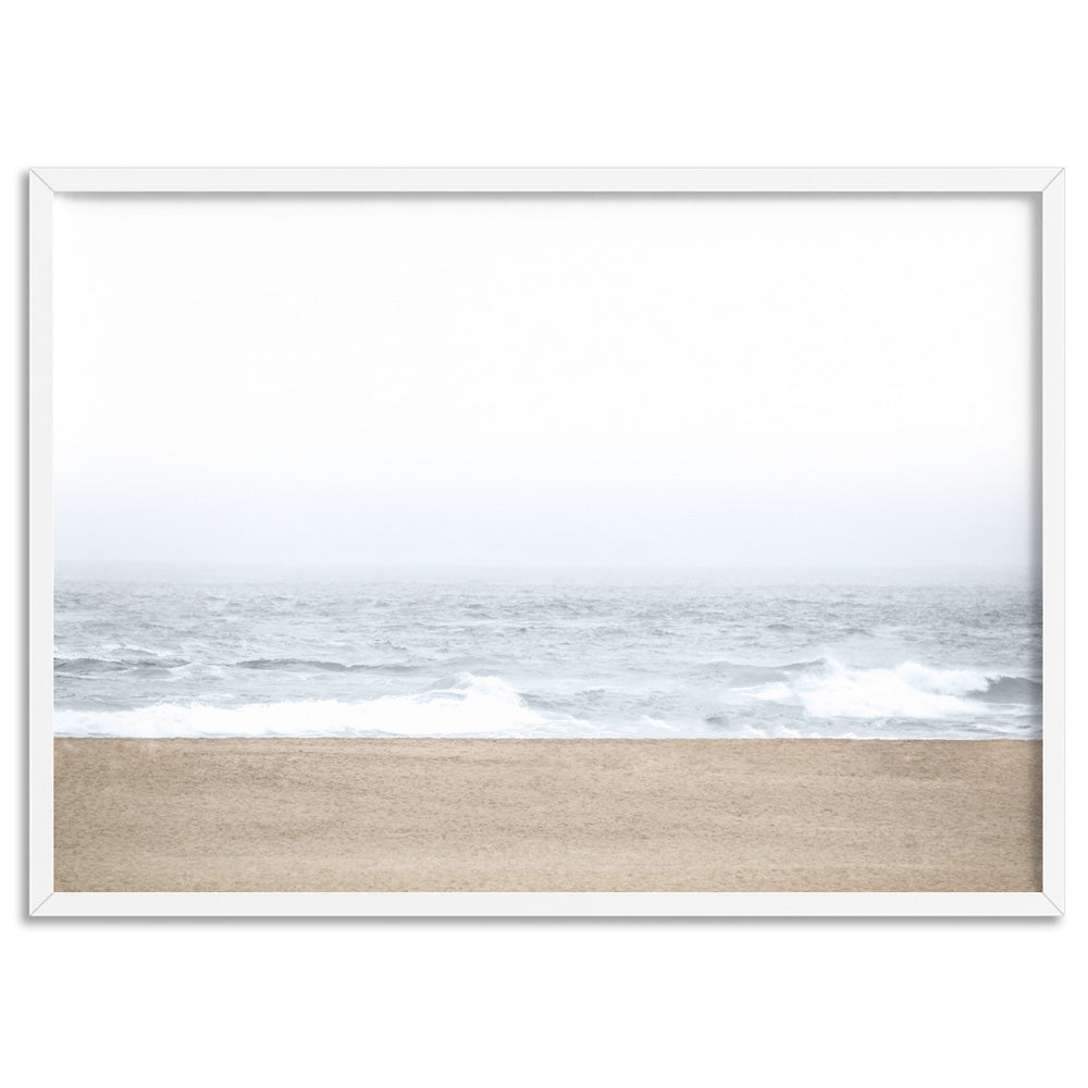 Sandy Beach & Ocean Waves in Pastels, Landscape- Art Print, Poster, Stretched Canvas, or Framed Wall Art Print, shown in a white frame
