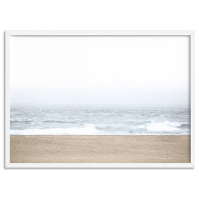 Sandy Beach & Ocean Waves in Pastels, Landscape- Art Print, Poster, Stretched Canvas, or Framed Wall Art Print, shown in a white frame
