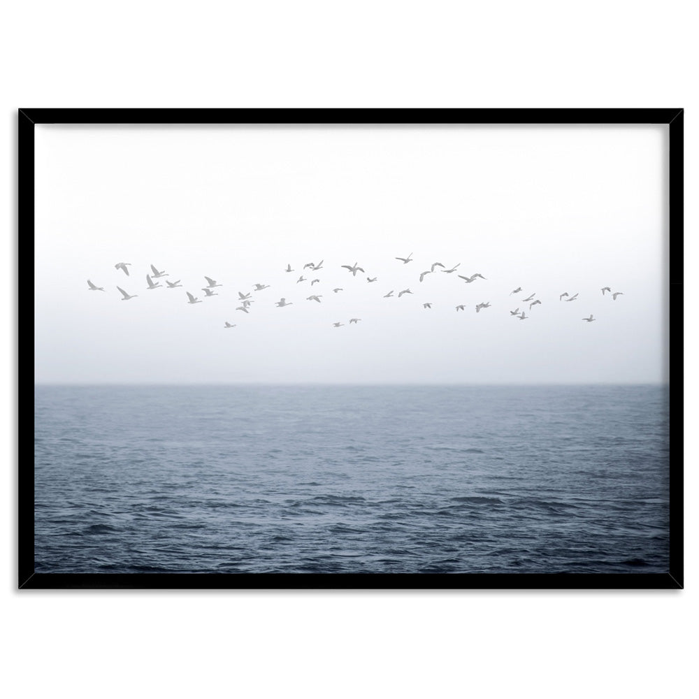 Flock of Birds on Ocean Horizon - Art Print, Poster, Stretched Canvas, or Framed Wall Art Print, shown in a black frame