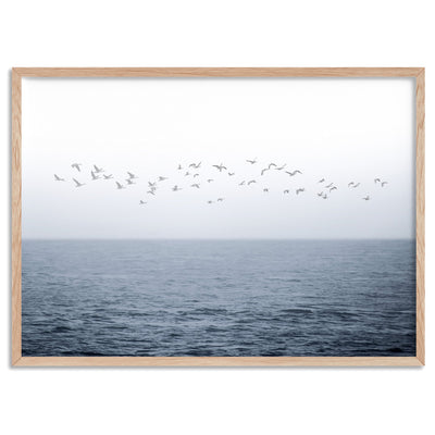 Flock of Birds on Ocean Horizon - Art Print, Poster, Stretched Canvas, or Framed Wall Art Print, shown in a natural timber frame