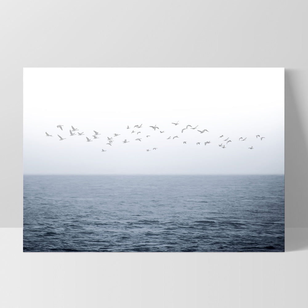 Flock of Birds on Ocean Horizon - Art Print, Poster, Stretched Canvas, or Framed Wall Art Print, shown as a stretched canvas or poster without a frame