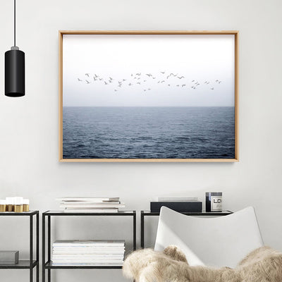 Flock of Birds on Ocean Horizon - Art Print, Poster, Stretched Canvas or Framed Wall Art Prints, shown framed in a room