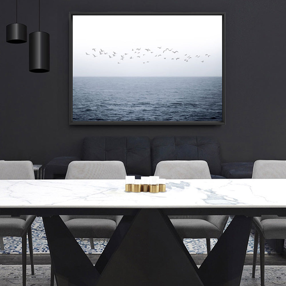 Flock of Birds on Ocean Horizon - Art Print, Poster, Stretched Canvas or Framed Wall Art, shown framed in a home interior space