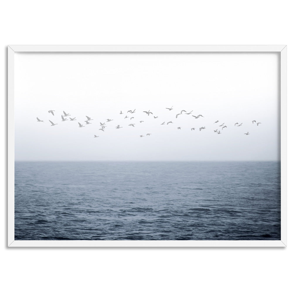 Flock of Birds on Ocean Horizon - Art Print, Poster, Stretched Canvas, or Framed Wall Art Print, shown in a white frame
