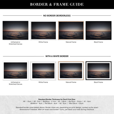 Ocean Horizon View at Dark Dusk - Art Print, Poster, Stretched Canvas or Framed Wall Art, Showing White , Black, Natural Frame Colours, No Frame (Unframed) or Stretched Canvas, and With or Without White Borders