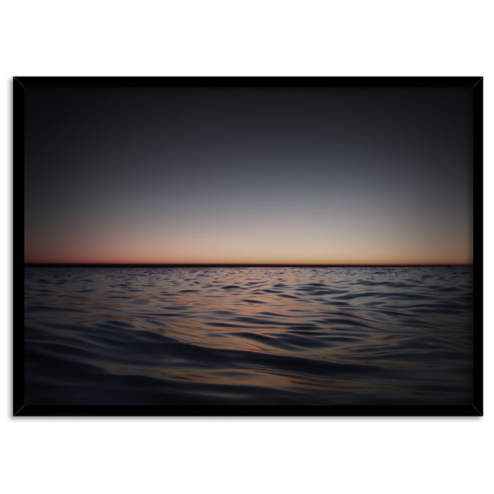 Ocean Horizon View at Dark Dusk - Art Print, Poster, Stretched Canvas, or Framed Wall Art Print, shown in a black frame