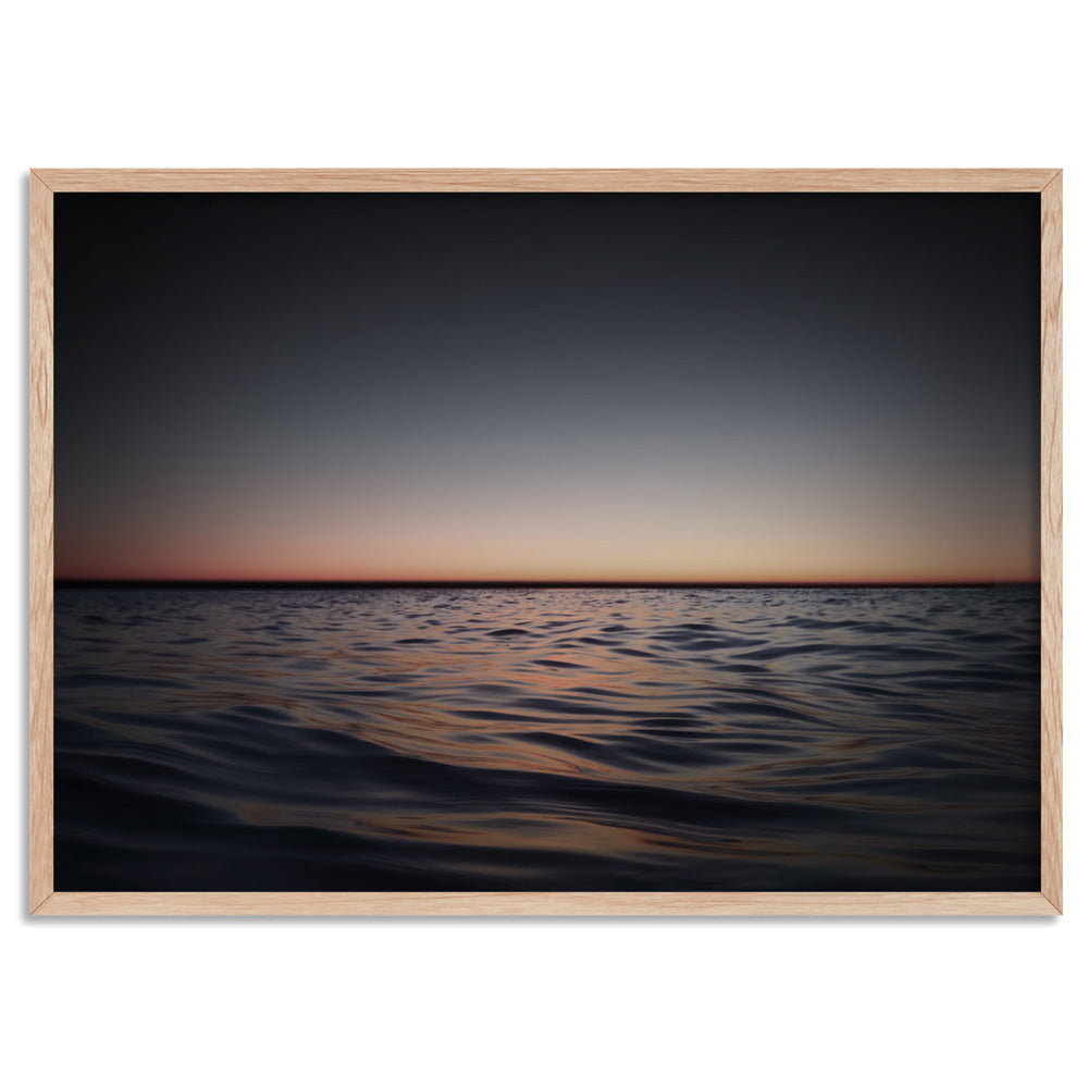 Ocean Horizon View at Dark Dusk - Art Print, Poster, Stretched Canvas, or Framed Wall Art Print, shown in a natural timber frame