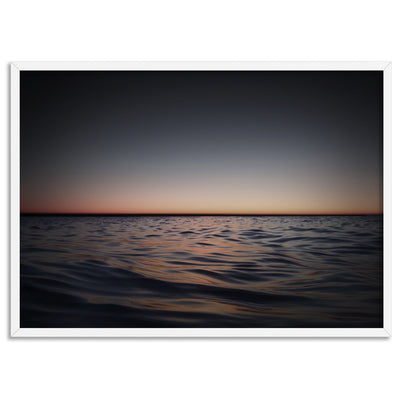 Ocean Horizon View at Dark Dusk - Art Print, Poster, Stretched Canvas, or Framed Wall Art Print, shown in a white frame
