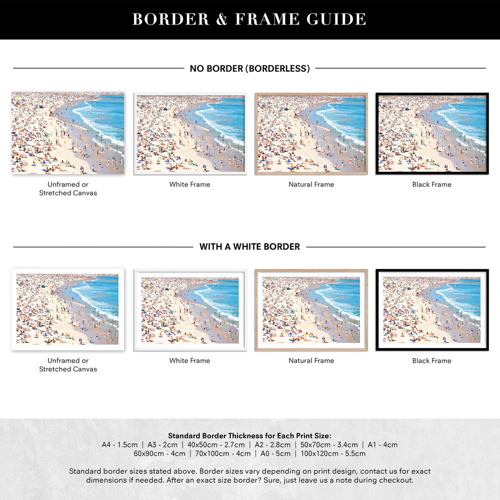 Iconic Bondi Beach in Summer - Art Print, Poster, Stretched Canvas or Framed Wall Art, Showing White , Black, Natural Frame Colours, No Frame (Unframed) or Stretched Canvas, and With or Without White Borders