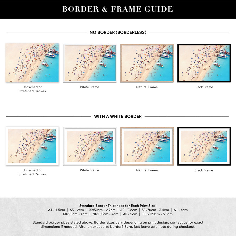Boats Docking on Crowded Summer Beach - Art Print, Poster, Stretched Canvas or Framed Wall Art, Showing White , Black, Natural Frame Colours, No Frame (Unframed) or Stretched Canvas, and With or Without White Borders