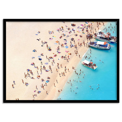 Boats Docking on Crowded Summer Beach - Art Print, Poster, Stretched Canvas, or Framed Wall Art Print, shown in a black frame