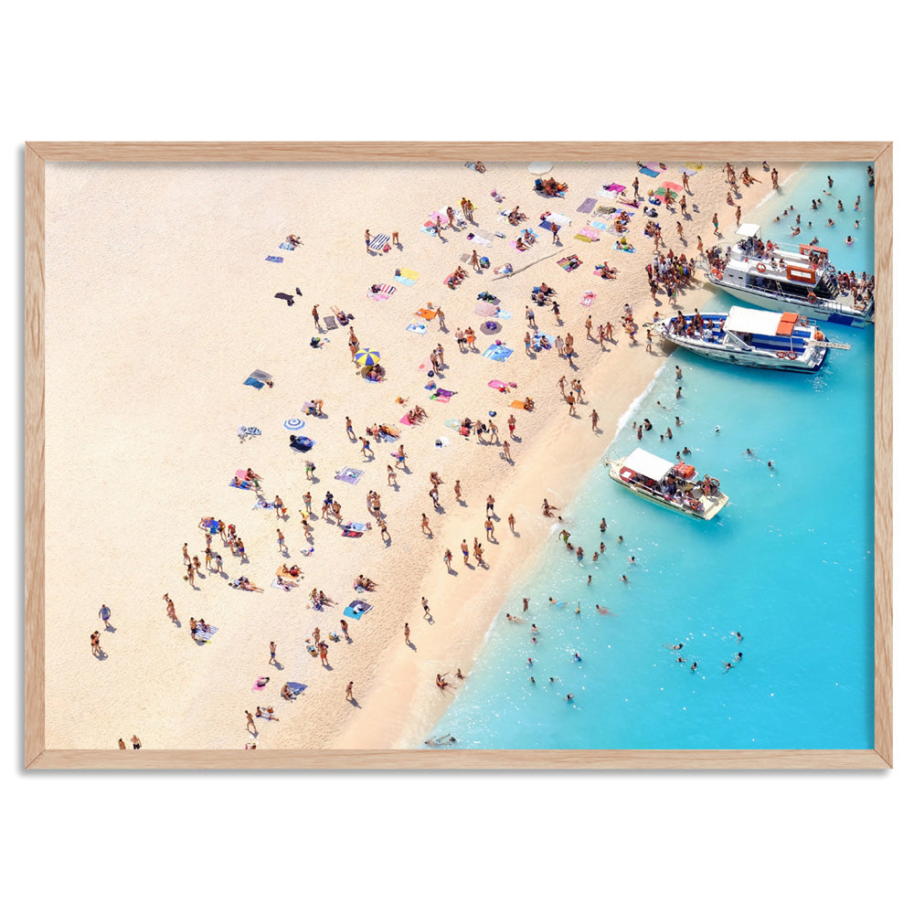Boats Docking on Crowded Summer Beach - Art Print, Poster, Stretched Canvas, or Framed Wall Art Print, shown in a natural timber frame