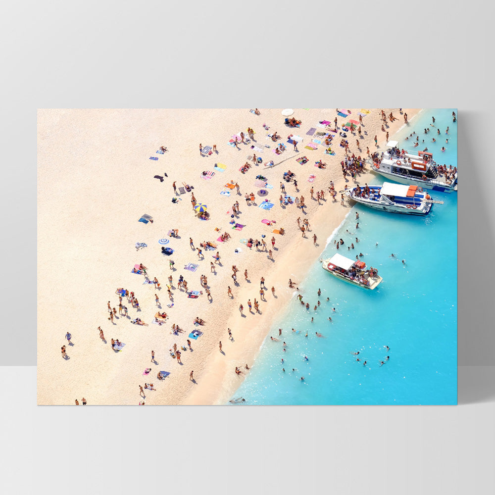 Boats Docking on Crowded Summer Beach - Art Print, Poster, Stretched Canvas, or Framed Wall Art Print, shown as a stretched canvas or poster without a frame