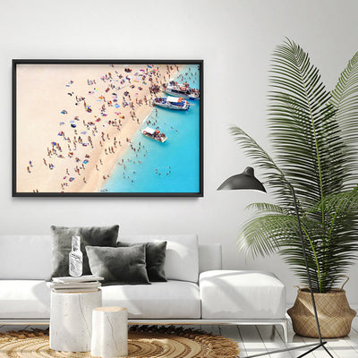 Boats Docking on Crowded Summer Beach - Art Print, Poster, Stretched Canvas or Framed Wall Art Prints, shown framed in a room