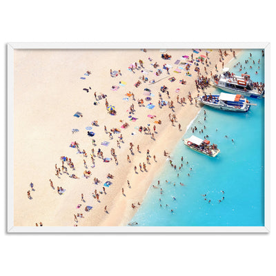 Boats Docking on Crowded Summer Beach - Art Print, Poster, Stretched Canvas, or Framed Wall Art Print, shown in a white frame