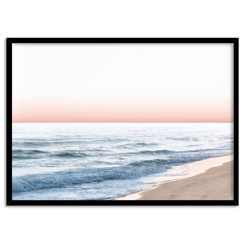 Blush Pastels, Beach Seascape Horizon - Art Print, Poster, Stretched Canvas, or Framed Wall Art Print, shown in a black frame