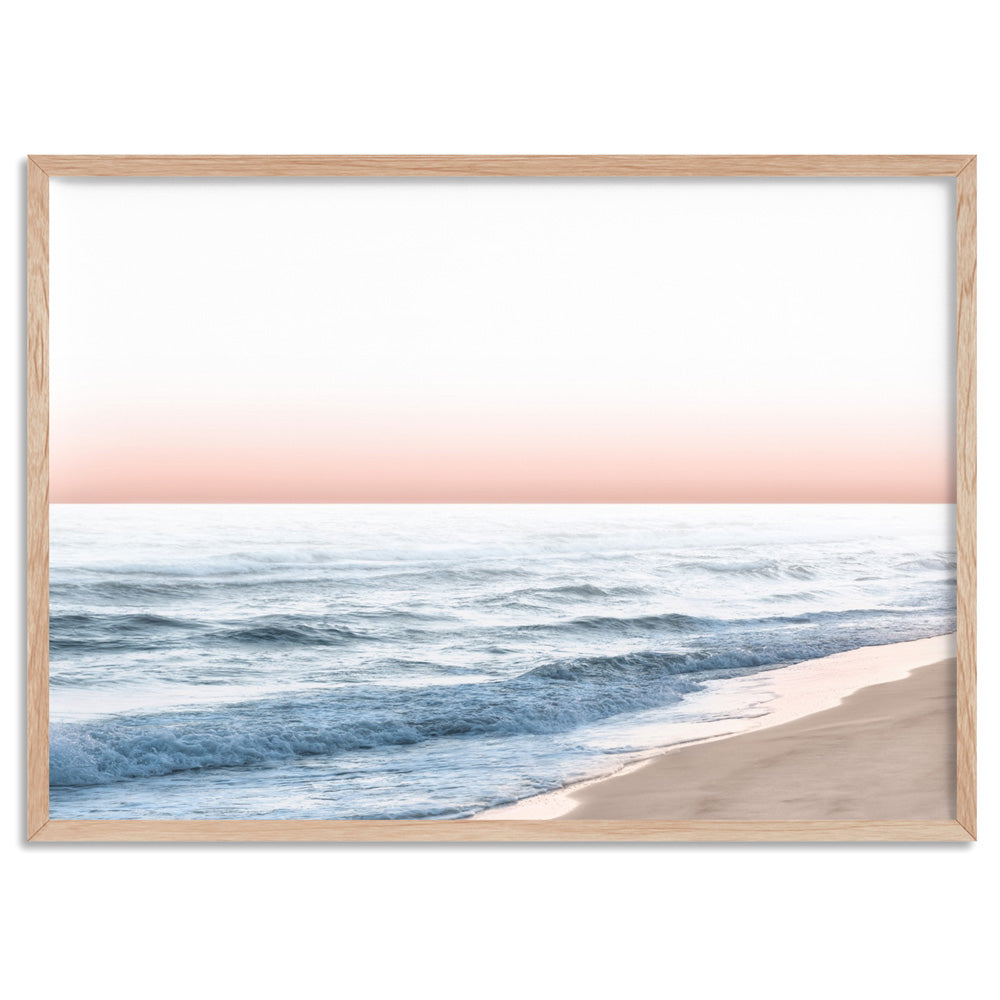 Blush Pastels, Beach Seascape Horizon - Art Print, Poster, Stretched Canvas, or Framed Wall Art Print, shown in a natural timber frame