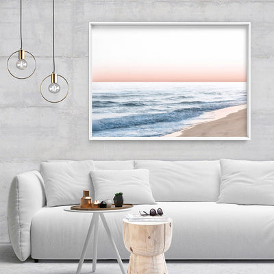 Blush Pastels, Beach Seascape Horizon - Art Print, Poster, Stretched Canvas or Framed Wall Art Prints, shown framed in a room