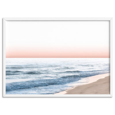 Blush Pastels, Beach Seascape Horizon - Art Print, Poster, Stretched Canvas, or Framed Wall Art Print, shown in a white frame