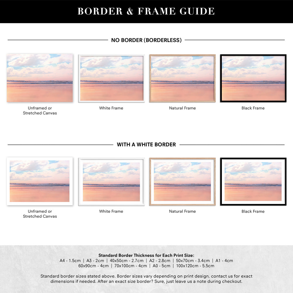 Pastel Candy Beach Horizon - Art Print, Poster, Stretched Canvas or Framed Wall Art, Showing White , Black, Natural Frame Colours, No Frame (Unframed) or Stretched Canvas, and With or Without White Borders