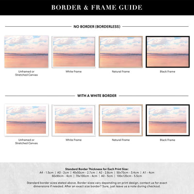 Pastel Candy Beach Horizon - Art Print, Poster, Stretched Canvas or Framed Wall Art, Showing White , Black, Natural Frame Colours, No Frame (Unframed) or Stretched Canvas, and With or Without White Borders