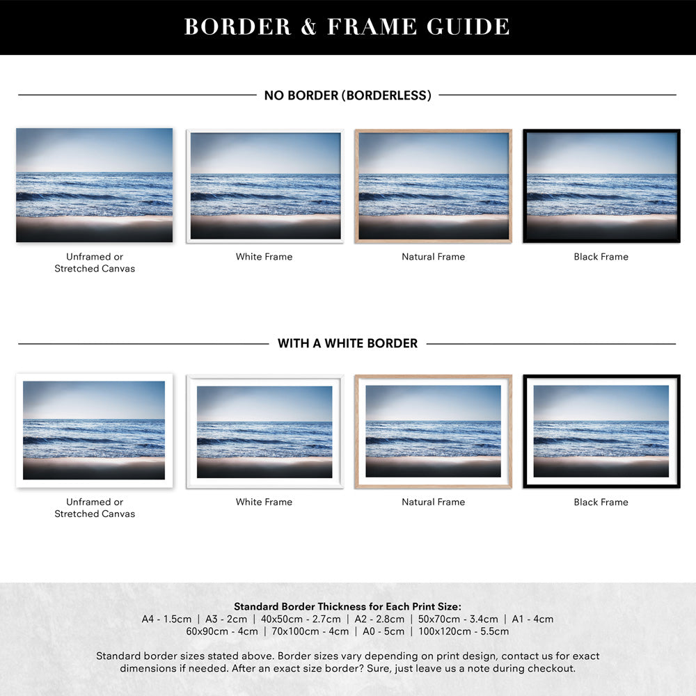 Ocean Vibrance in Blues - Art Print, Poster, Stretched Canvas or Framed Wall Art, Showing White , Black, Natural Frame Colours, No Frame (Unframed) or Stretched Canvas, and With or Without White Borders