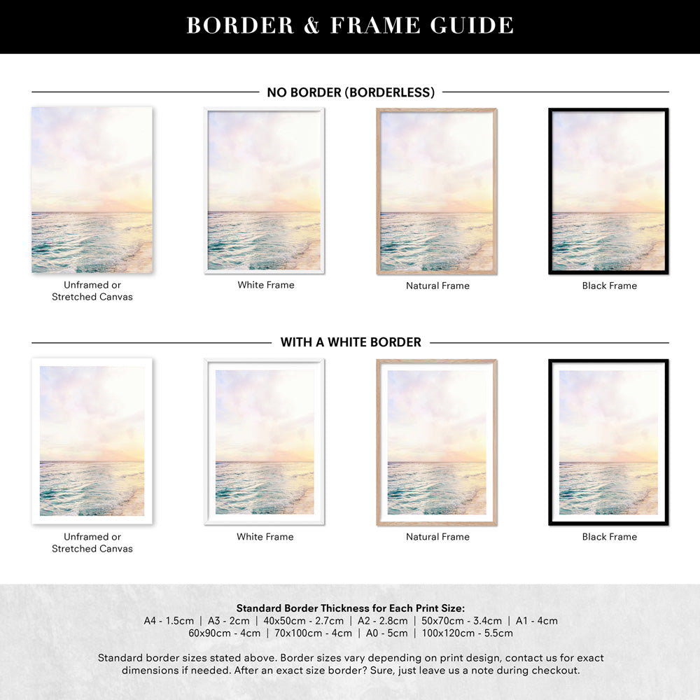 Pastel Bohemian Ocean Views - Art Print, Poster, Stretched Canvas or Framed Wall Art, Showing White , Black, Natural Frame Colours, No Frame (Unframed) or Stretched Canvas, and With or Without White Borders