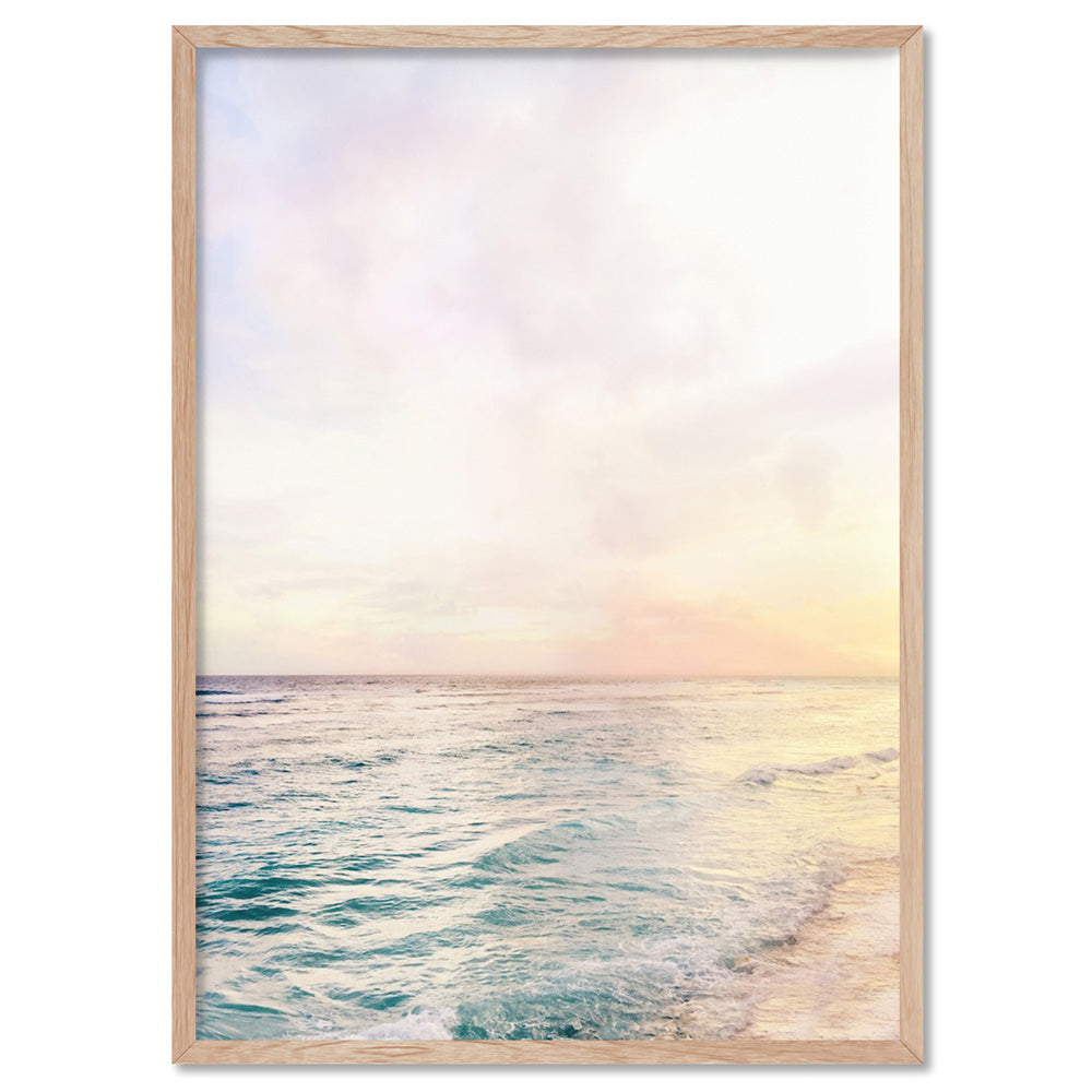 Pastel Bohemian Ocean Views - Art Print, Poster, Stretched Canvas, or Framed Wall Art Print, shown in a natural timber frame