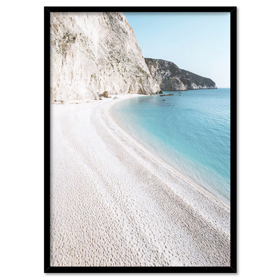 Beachside in Santorini - Art Print, Poster, Stretched Canvas, or Framed Wall Art Print, shown in a black frame