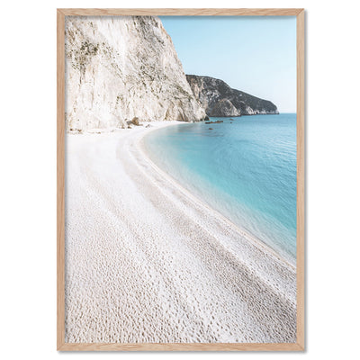 Beachside in Santorini - Art Print, Poster, Stretched Canvas, or Framed Wall Art Print, shown in a natural timber frame