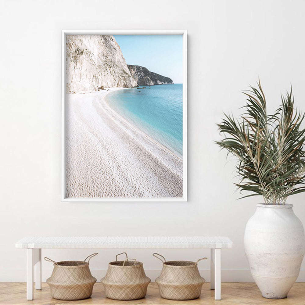 Beachside in Santorini - Art Print, Poster, Stretched Canvas or Framed Wall Art Prints, shown framed in a room