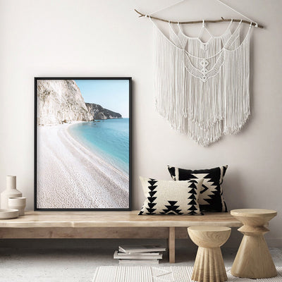 Beachside in Santorini - Art Print, Poster, Stretched Canvas or Framed Wall Art, shown framed in a home interior space
